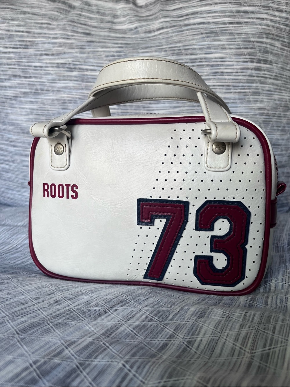 Roots White Mini Bag with Burgundy '73' Patch